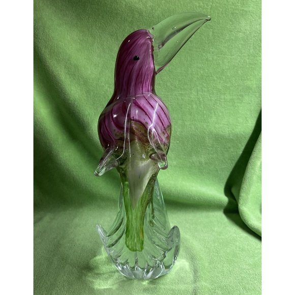 OLLIERV Diamond Star Art Glass Heavy Toucan Pink Green With Clear Beak 12” Tall - Picture 1 of 10